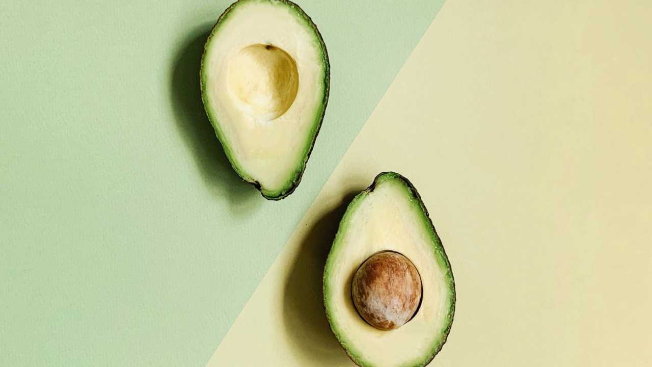 One halved avocado with the pit in the center.