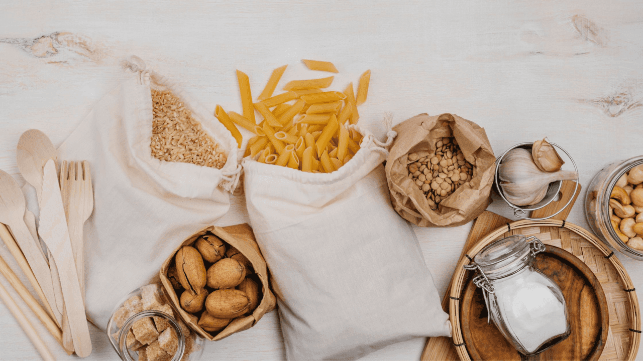 Bags of dried pasta, rice, and various nuts and seeds.